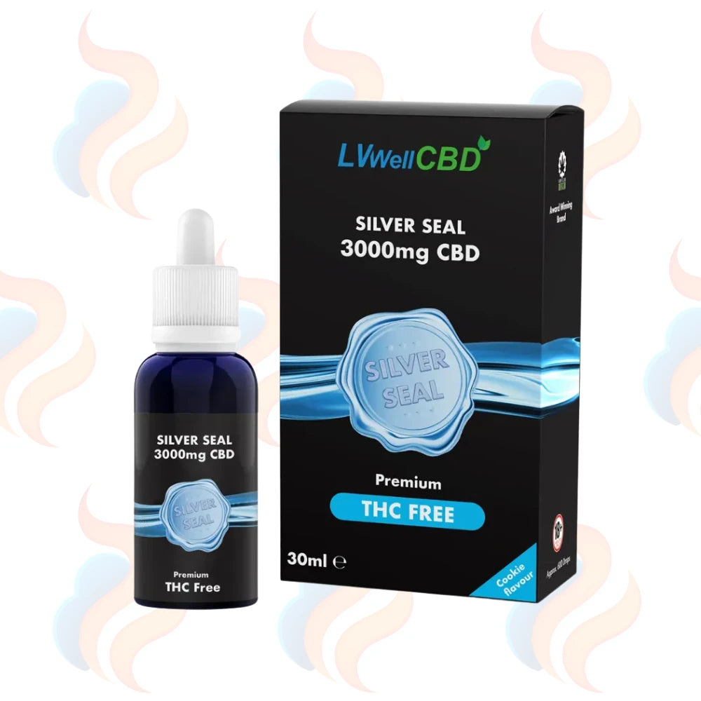 LWell CBD Silver Seal 3000mg CBD bottle and packaging on a white background with subtle smoke effects.