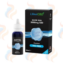 LWell CBD Silver Seal 3000mg CBD bottle and packaging on a white background with subtle smoke effects.