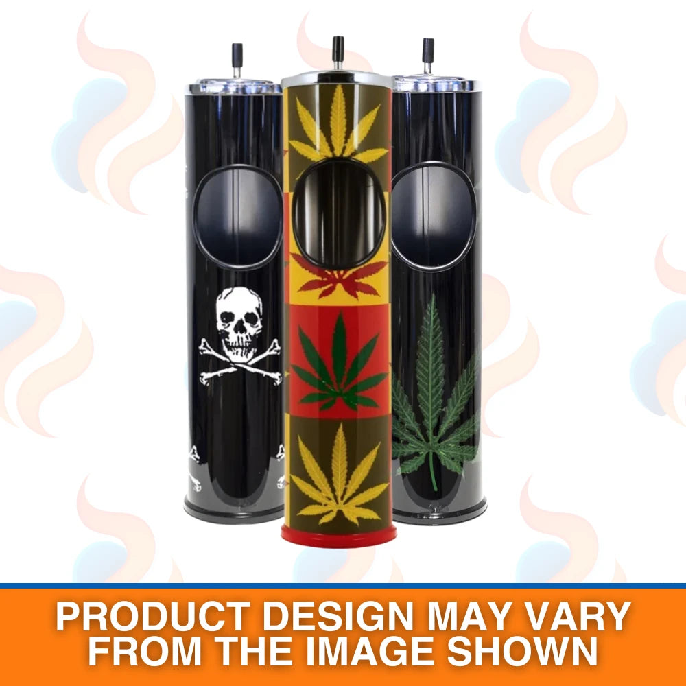 Three large floor standing ashtray bins in bold Amsterdam/reggae inspired designs