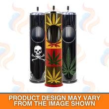 Three large floor standing ashtray bins in bold Amsterdam/reggae inspired designs