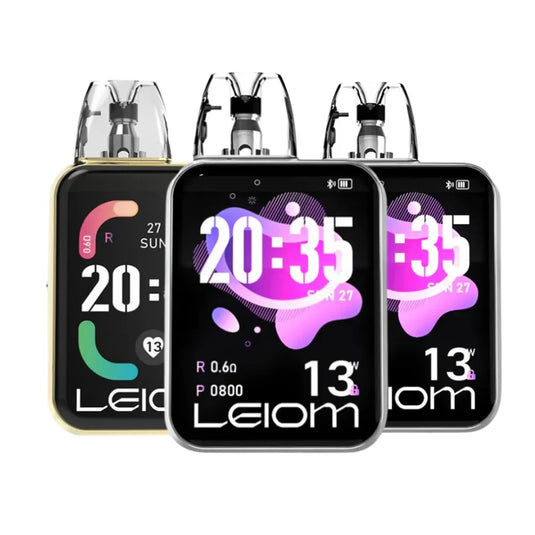 Smart vape device with digital display and Leiom branding on a white background