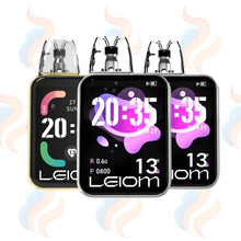 Smart vape device with digital display and Leiom branding on a white background