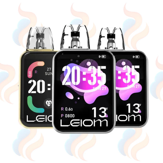 Smart vape device with digital display and Leiom branding on a white background