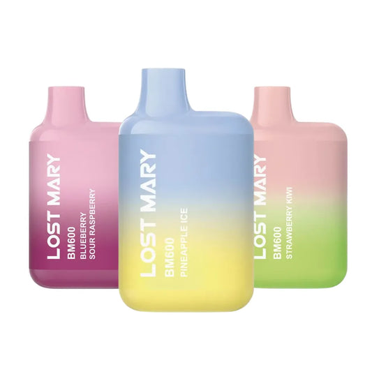 Three gradient bottles of Lost Mary BM600 vape devices in pink, blue, and green on a white background.