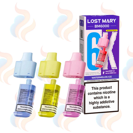 Three Lost Mary BM6000 vape refill pods with packaging on a white background.