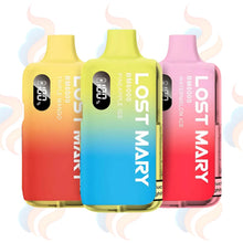 Three colourful vape devices with 'Lost Mary BM6000' branding on a white background.