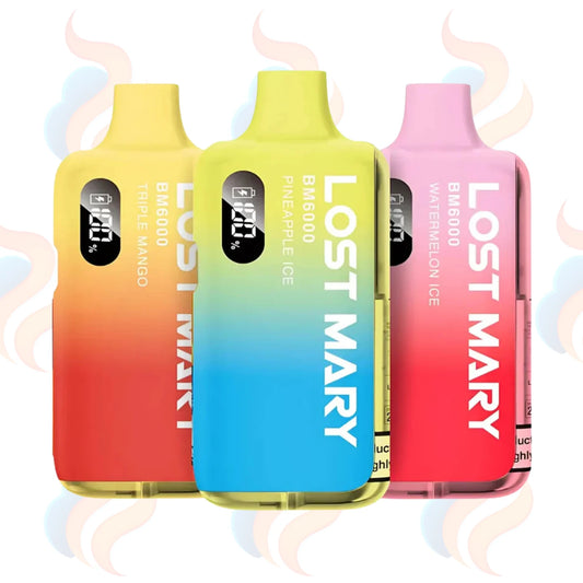 Three colourful vape devices with 'Lost Mary BM6000' branding on a white background.
