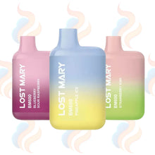 Three gradient bottles of Lost Mary BM600 vape devices on a white background with smoke effects.