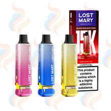 Three Lost Mary Nera vape refill pods with packaging on a white background.