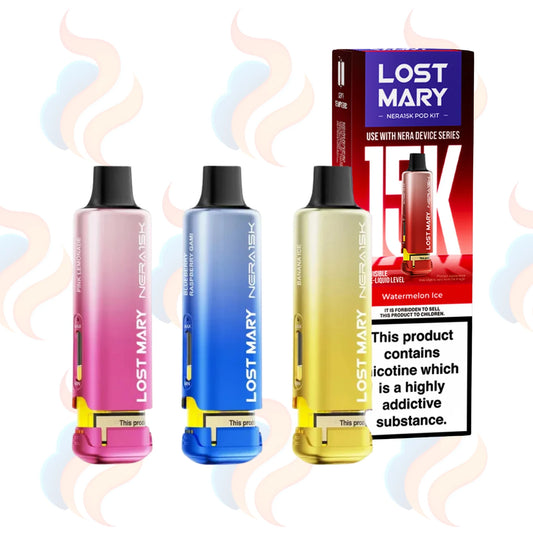 Three Lost Mary Nera vape refill pods with packaging on a white background.