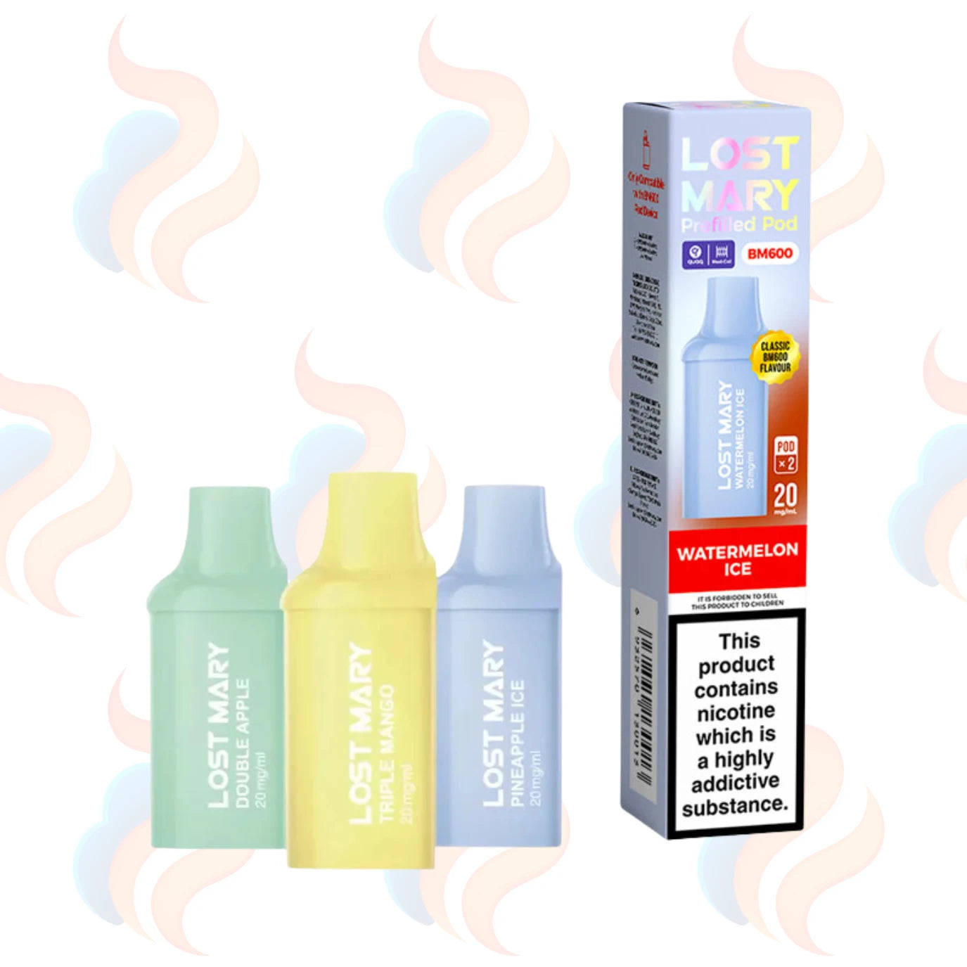 Three Lost Mary BM600 vape refill pods with packaging on a white background.