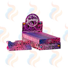 Purple and pink rolling tray packaging with 'Lunacy' branding on a white background.