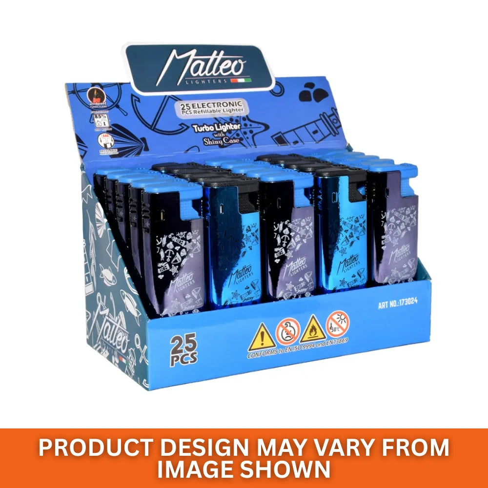 Display box of 25 Matteo electronic lighters with blue and black design