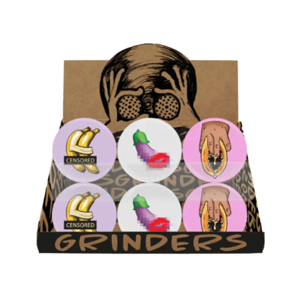 Box of 'Grinders' with graphic illustrations on a white background
