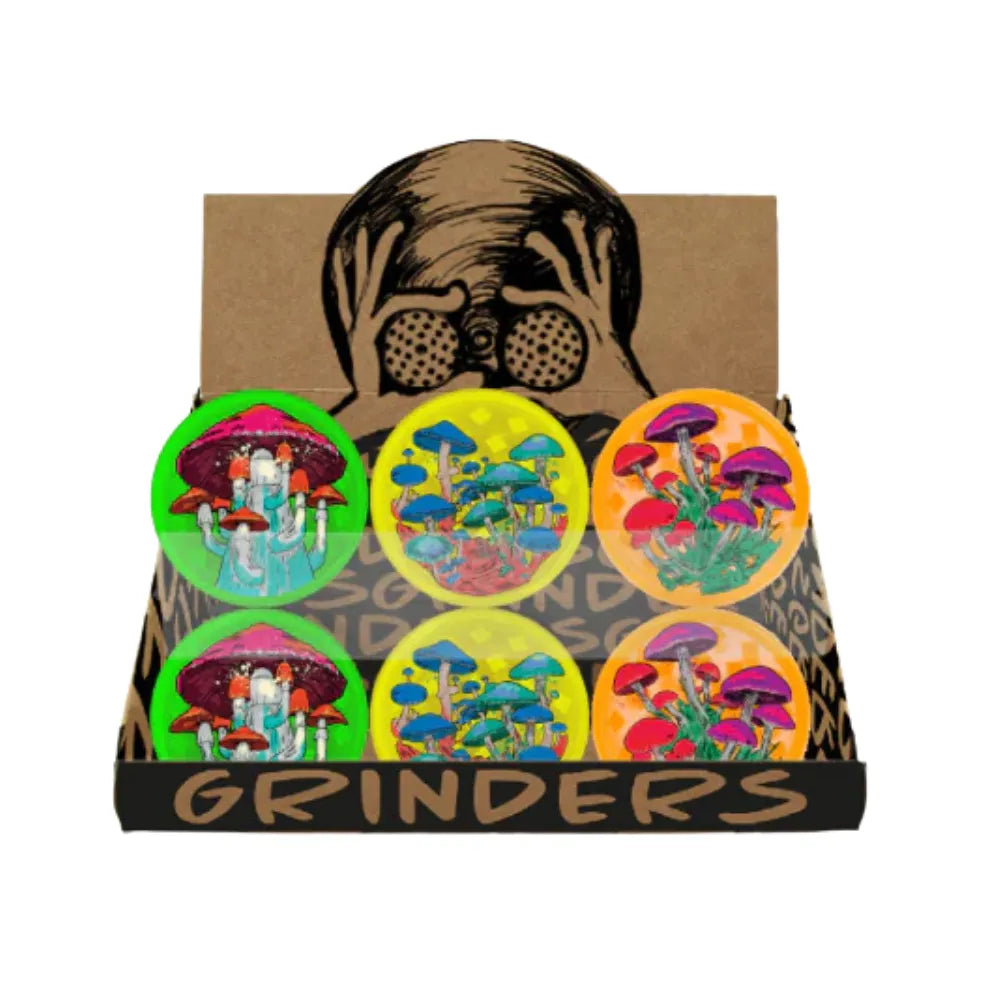 Display box with colourful mushroom designs and 'Grinders' branding.