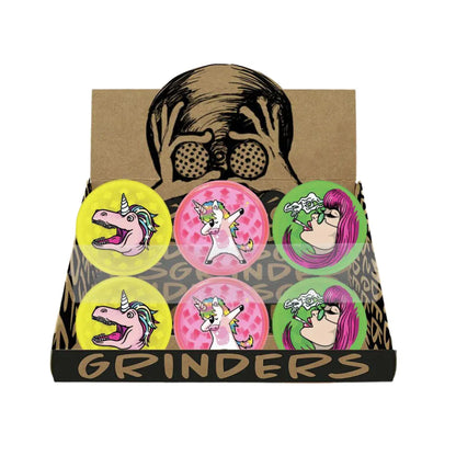 Box of 'Grinders' with colourful cartoon characters on a white background