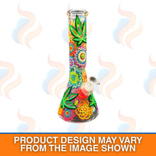 Colourful glass bong with floral and leaf designs on a white background with smoke effects.