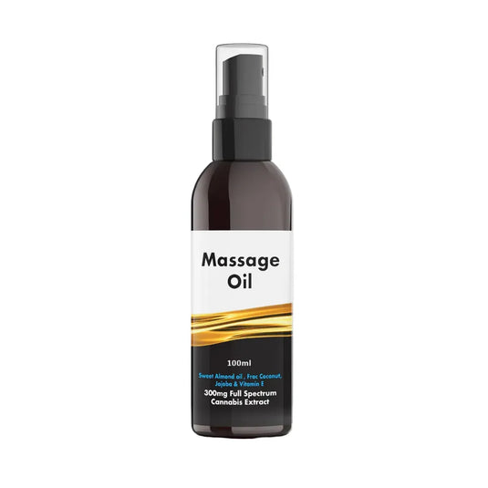 Bottle of massage oil with a white label on a white background