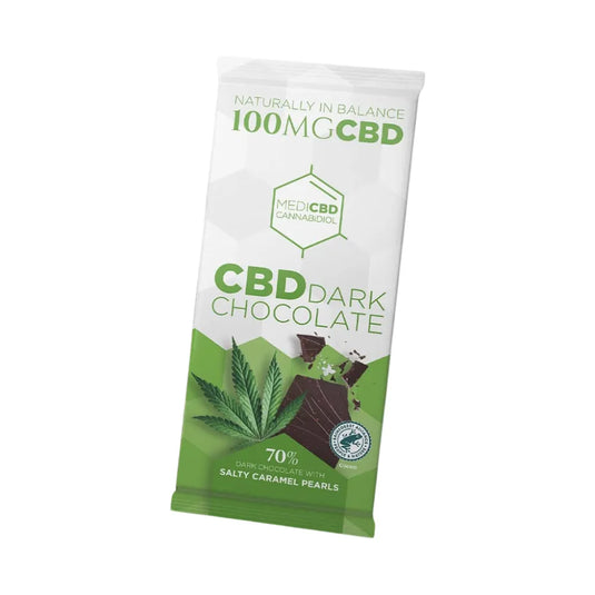 CBD dark chocolate package with green and white design on a white background