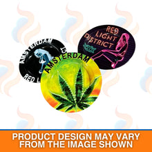 three colourful metal ashtrays with Amsterdam inspired designs on a white background