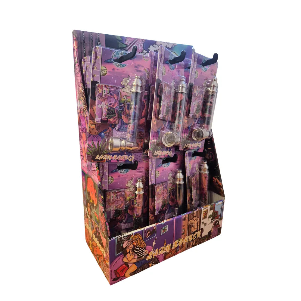 Display of "lady"-themed smoking pipes in a purple packaging box on a white background