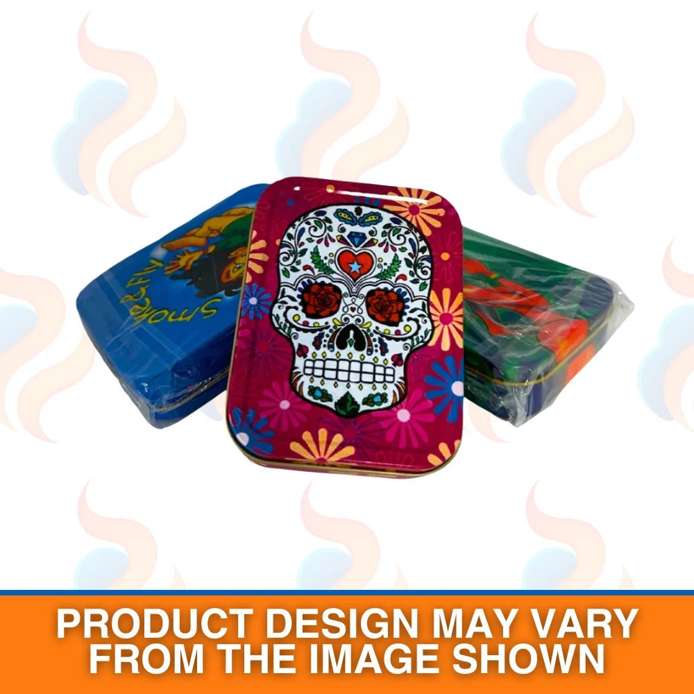 Three colourful storage baccy tins with a skull design on the front on a white background.
