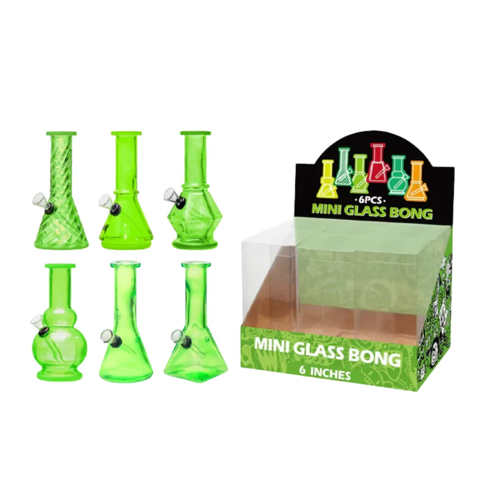 Set of green mini glass bongs with packaging on a white background