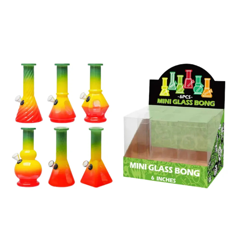 Set of colourful mini glass bongs with a packaging box on a white background