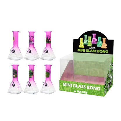 Set of pink mini glass bongs with packaging on a white background