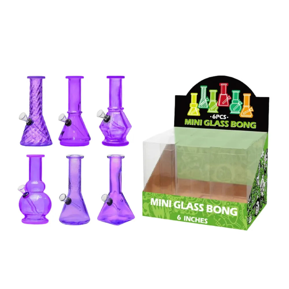 Set of purple mini glass bongs with packaging on a white background