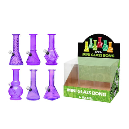 Set of purple mini glass bongs with packaging on a white background