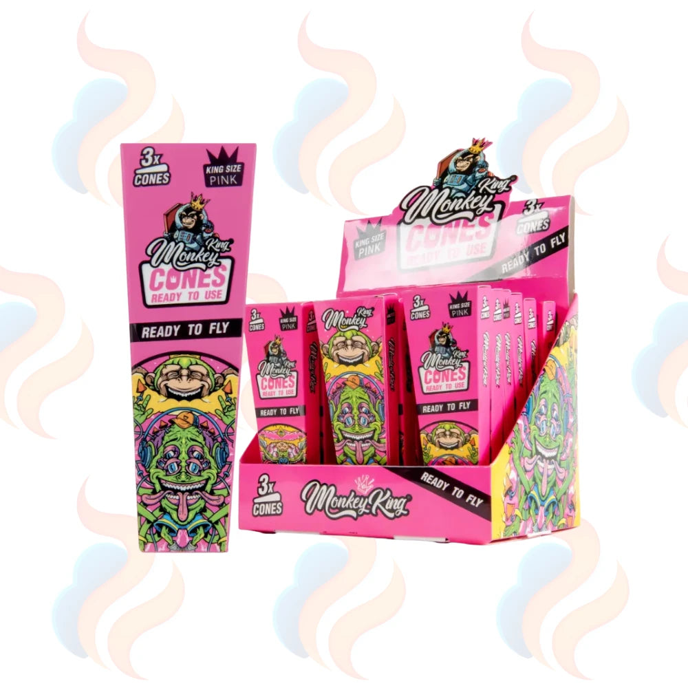 Pink packaging of 'Monkey King' pre-rolled cones with colourful graphics on a white background.