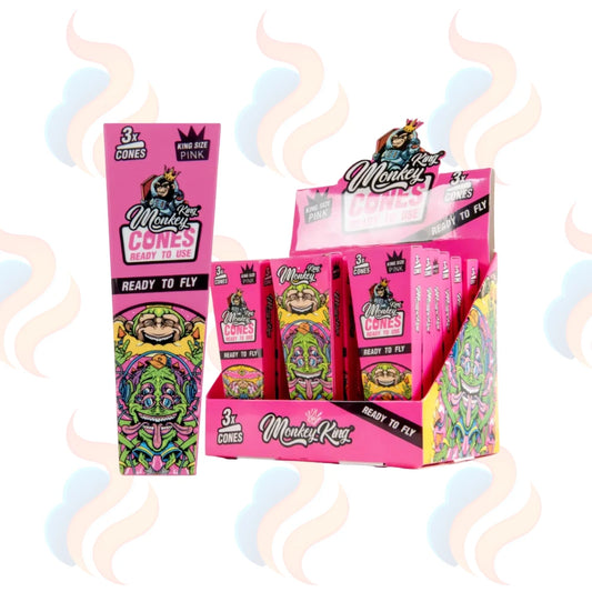 Pink packaging of 'Monkey King' pre-rolled cones with colourful graphics on a white background.