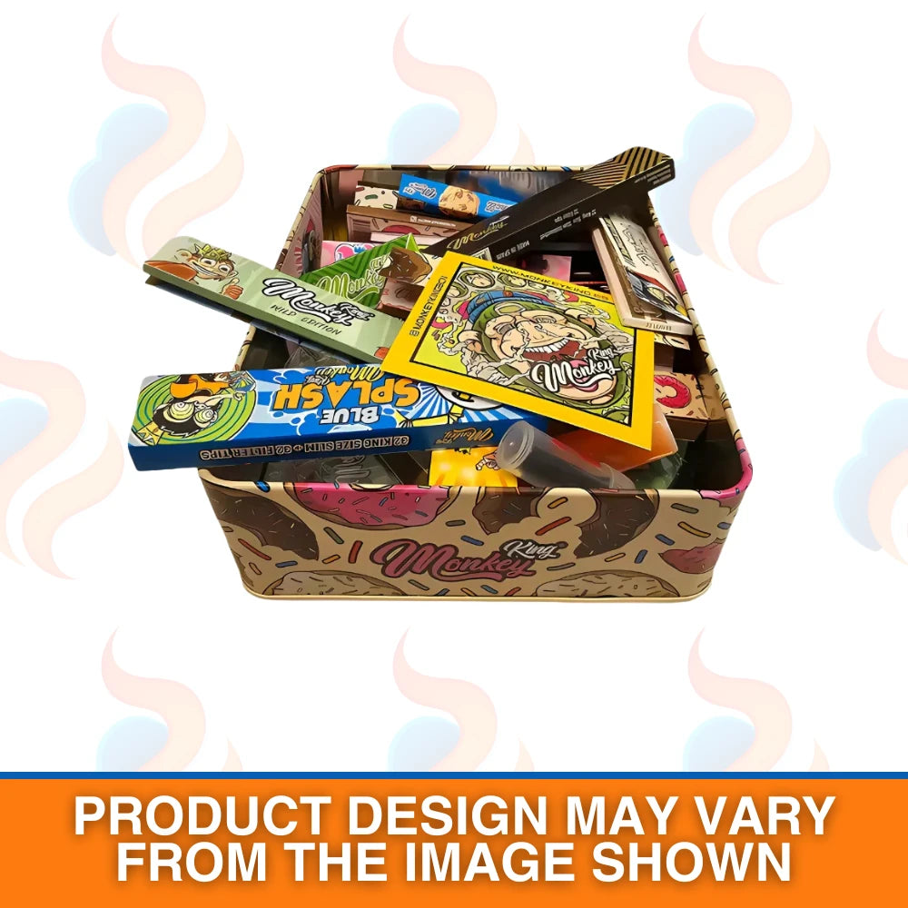 Colourful Monkey king smoking tin with various smoking accessories on a white background