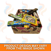 Colourful Monkey king smoking tin with various smoking accessories on a white background