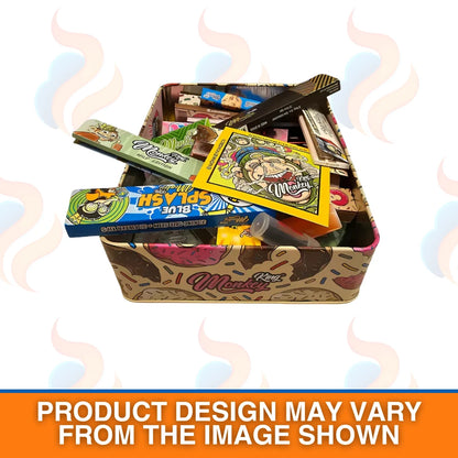 Colourful Monkey king smoking tin with various smoking accessories on a white background
