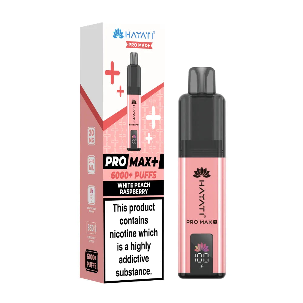 Hayati Pro Max+ vape device in "White Peach Raspberry" flavour and packaging on a white background