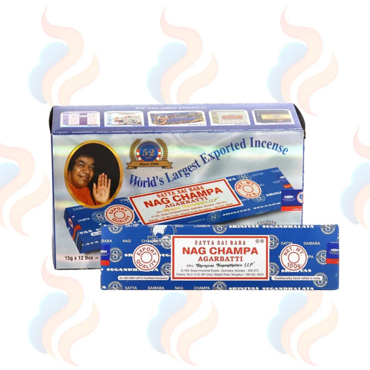 Box of 12pcs Nag Champa incense sticks in the scent "Agarbatti" with branding smoke effects on a white background