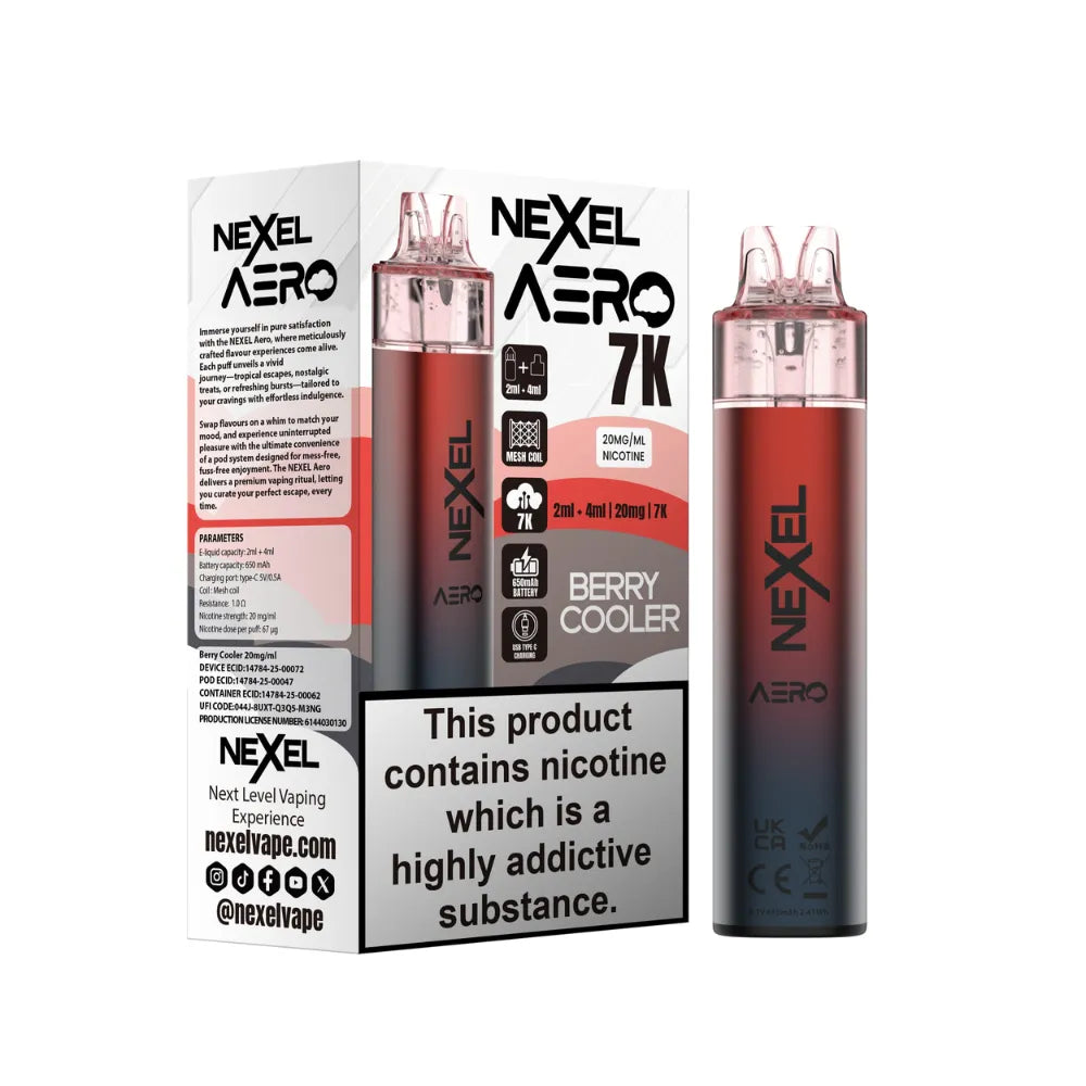 Nexel Aero vaping device and packaging on a white background