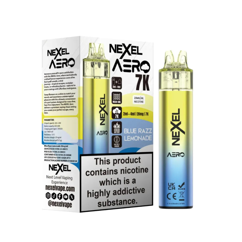 Nexel Aero vaping device and packaging on a white background