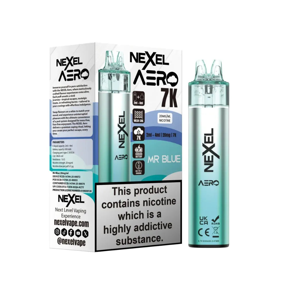 Nexel Aero vaping device and packaging on a white background