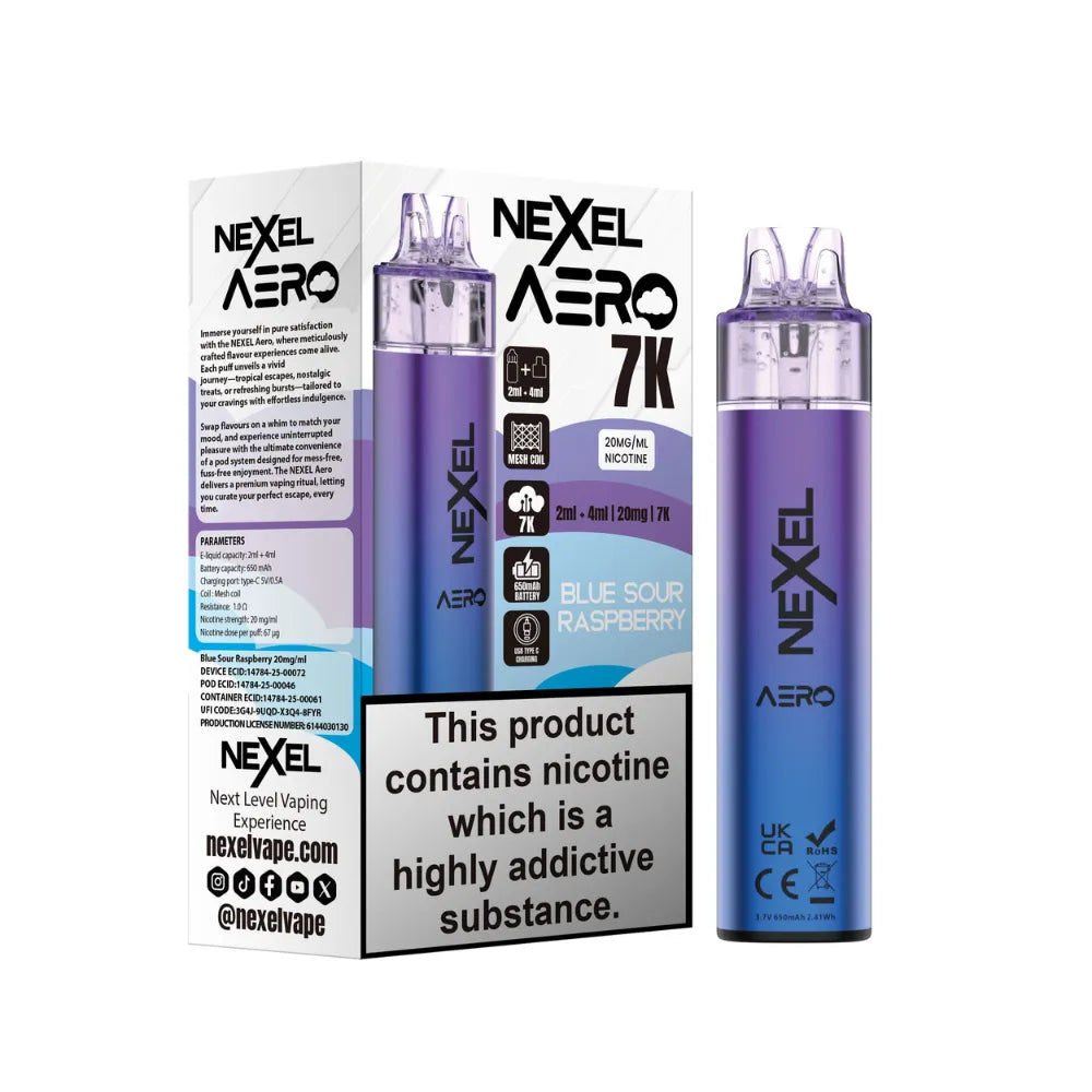 Nexel Aero vaping device and packaging on a white background