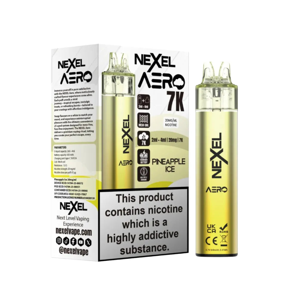 Nexel Aero vaping device and packaging on a white background