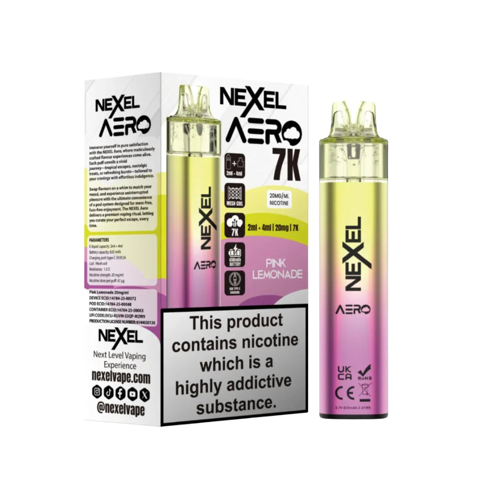Nexel Aero vaping device and packaging on a white background