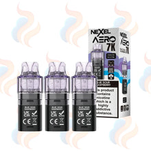 Three Nexel Aero 7000 vape refill pods with packaging on a white background.