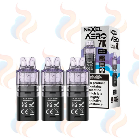 Three Nexel Aero 7000 vape refill pods with packaging on a white background.
