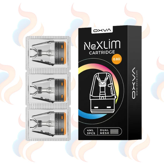 OXVA NexLim cartridge packaging with cartridges on a white background