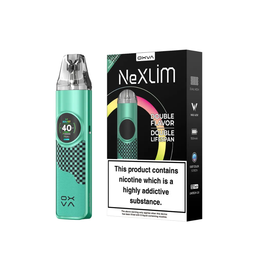 OXVA Nexlim pod kit in "Chequered Green" colour with packaging on a white background.