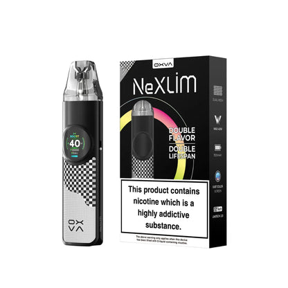 OXVA Nexlim pod kit in "Chequered Grey" colour with packaging on a white background.