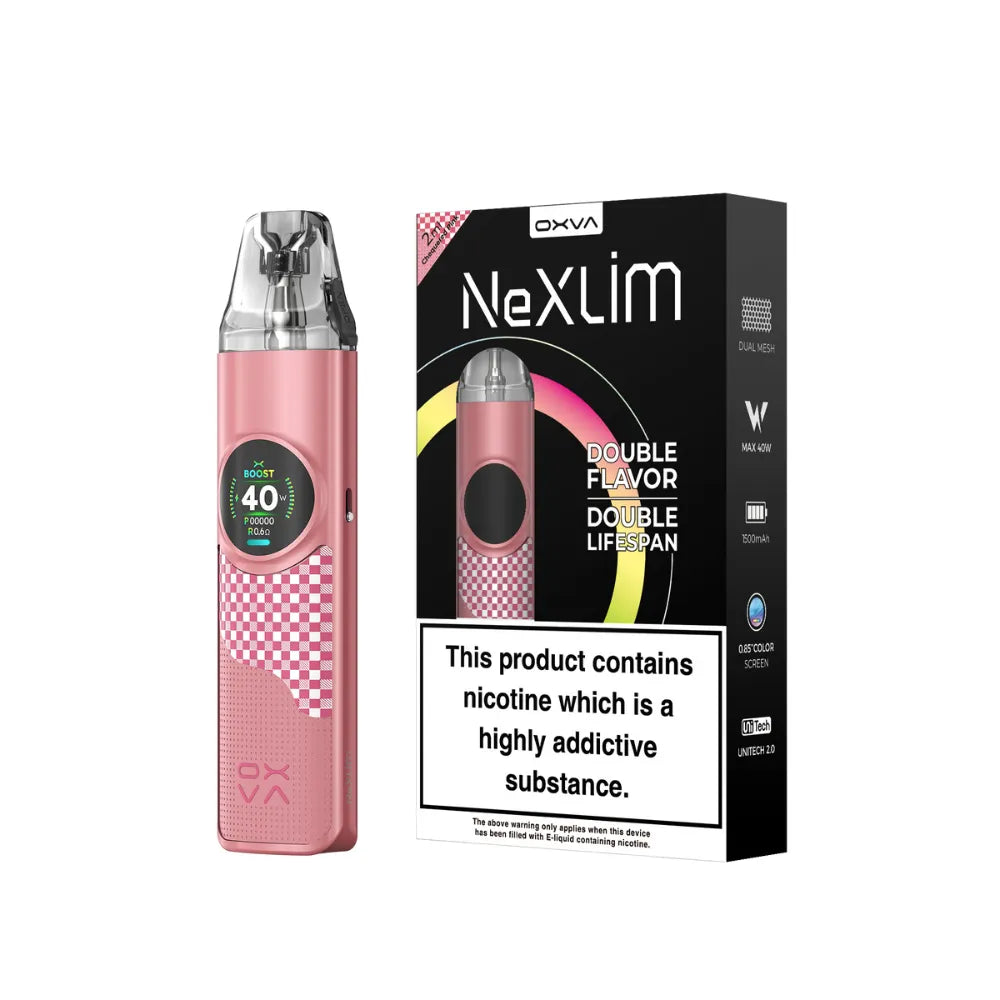 OXVA Nexlim pod kit in "Chequered Pink" colour with packaging on a white background.